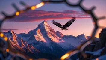 Eagle Soaring Over Snowy Mountain Peaks at Sunset Framed by Branches photo