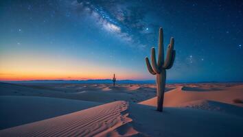 Cactus Standing in Desert Dunes Under Night Sky with Milky Way photo