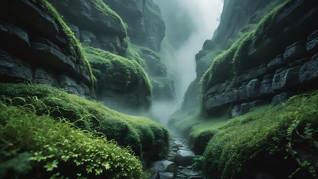Walking Path Through Lush Canyon with Moss Covered Rocks and Fog photo