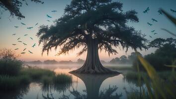 Solitary Tree Stands in Calm Water with Dragonflies at Dawn photo