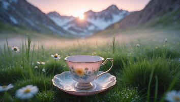 Elegant Teacup Resting in a Mountain Meadow at Sunrise photo