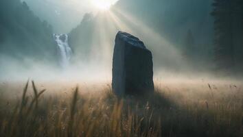 Standing Stone in Foggy Field with Waterfall and Sun Rays photo