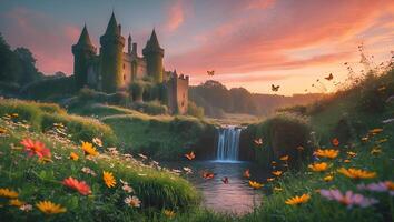 Castle Beside Flowing Waterfall with Butterflies and Field of Wildflowers photo