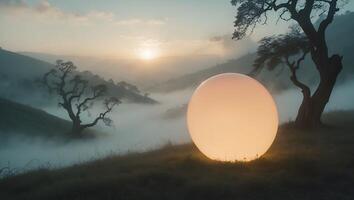 Glowing Sphere on Grassy Hill Overlooking Misty Valley at Dawn photo