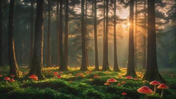 Walking Through Forest with Mushrooms and Sunlight Streaming Between the Trees photo