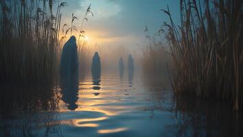 Figures Walking in Foggy Water at Sunset with Tall Grass photo
