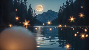 Still Lake at Night with Moon and Floating Lights Reflection photo
