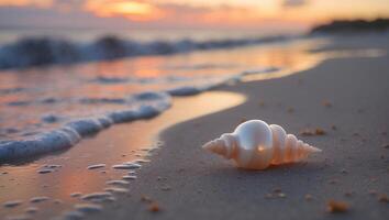 Seashell on Beach Sand at Sunset with Gentle Ocean Waves photo