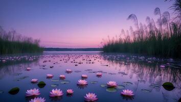 Water Lilies Floating on Calm Lake at Dusk with Colorful Sky photo