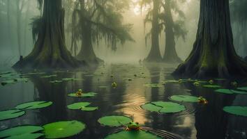 Frogs Resting on Lily Pads in Mysterious Swamp Landscape photo