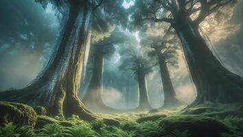 Exploring a Lush Mossy Forest with Tall Trees and Gentle Fog photo