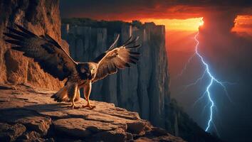 Eagle Landing on Cliff Edge with Dramatic Thunderstorm Background photo