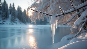 Icicle Hanging From Snowy Branch Above Frozen Lake at Sunrise photo