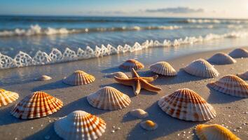 Starfish and Seashells on Beach with Ocean Waves at Sunrise photo