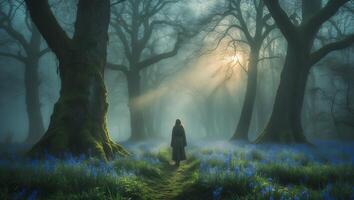 Walking Through Misty Forest Path Lined with Blue Spring Flowers photo