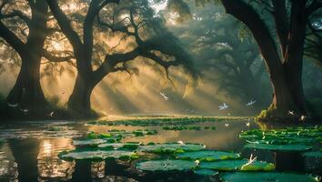 Tranquil Lake Scene with Sunlight Streaming Through Trees and Dragonflies photo