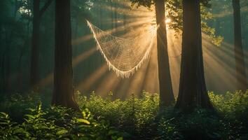 Intricate Spiderweb Hanging in Forest with Sun Rays Streaming Through Trees photo