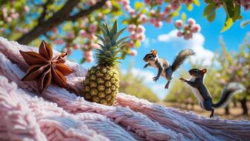 Squirrels Playing Near Pineapple and Star Anise in Blossoming Garden photo