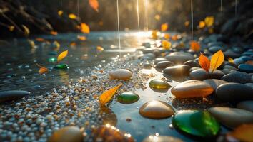 Autumn Leaves and Pebbles Along Flowing River in Soft Sunlight photo