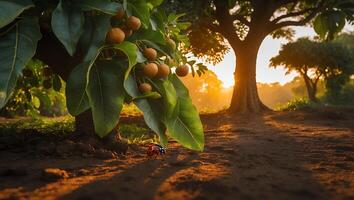 Ladybug on Ground Under Fruit Tree with Sunlight Shining Through photo