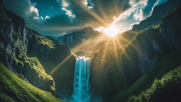 Waterfall Cascading in Mountain Gorge with Sunbeams and Dramatic Sky photo