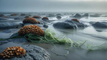 Rocky Seashore with Barnacles and Netting at Low Tide and Fog photo