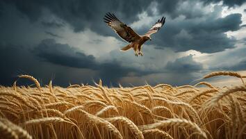 Hawk Flying Over Golden Wheat Field Under Dramatic Cloudy Sky photo