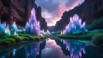 River Flows Through Crystal Formations at Dusk with Sky Reflection photo
