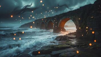 Arched Stone Bridge Along Rocky Coastline with Ocean Waves and Lights photo