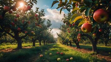 Walking Through Apple Orchard at Sunset with Light Shining Through photo