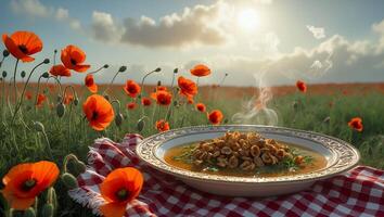 Soup with Topping on Picnic Blanket in Poppy Field Scenery photo