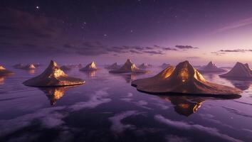 Golden Islands Reflecting Starry Sky and Clouds in Calm Water photo