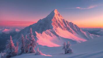 Snowy Mountain Peak at Pink Sunset with Coniferous Trees Landscape photo