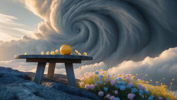 Surreal Cloud Formation Orange on Table with Wildflowers Landscape photo