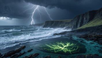 Dramatic Lightning Strikes Over Rocky Coastline with Unique Green Pool photo