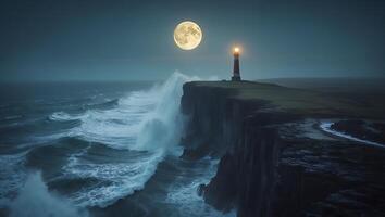 Lighthouse on Cliff at Night with Breaking Waves and Full Moon photo