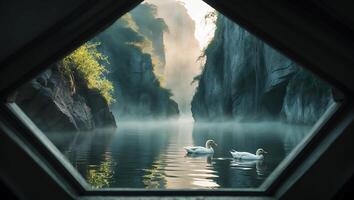Ducks Swim on Calm Lake Framed by Rocky Cliffs and Mist photo