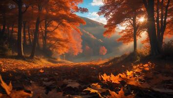 Walking Path Through an Autumn Forest with Orange Leaves and Sunlight photo