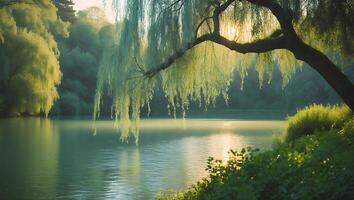 Willow Tree Overhanging Calm Lake Water Reflecting Sunlight Peacefully photo