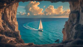 Sailing Boat Adventures on Turquoise Water Framed by Coastal Cliffs photo