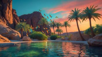 Tropical Oasis with Palm Trees, Birds and Colorful Sunset Sky photo
