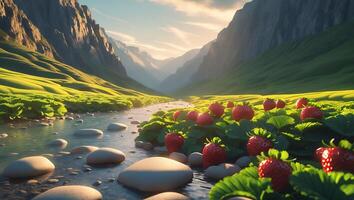 Strawberries Growing Beside Stream in Lush Mountain Valley Landscape photo