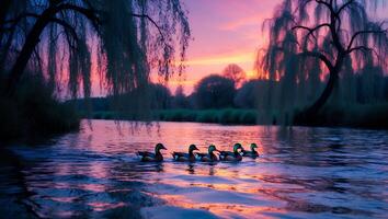 Ducks Swimming in River at Sunset with Weeping Willow Trees photo