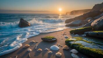 Seashore Scene at Sunset Waves Crashing and Seashells on Sand photo