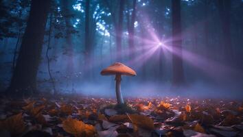 Mushroom Growing in Forest with Autumn Leaves and Foggy Backdrop photo