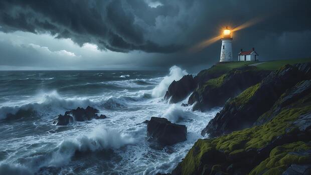 Lighthouse Shining During Storm with Waves Crashing Rocky Shoreline photo