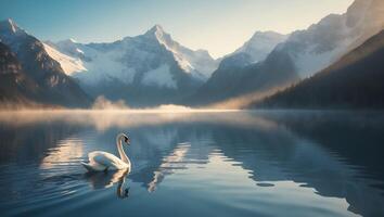 Swan Swimming on Lake with Misty Mountains in Background photo