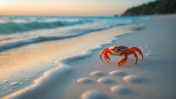 Crab Walking on Sandy Beach During Sunset with Gentle Waves photo