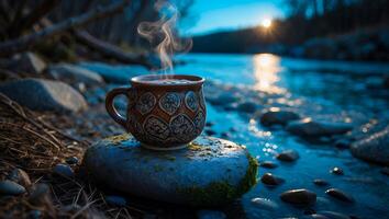 Steaming Cup on Stone Near River at Sunset Creates Peaceful Scene photo