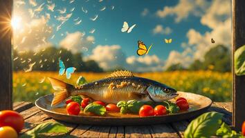 Prepared Fish with Tomatoes and Basil on a Rustic Wooden Table photo